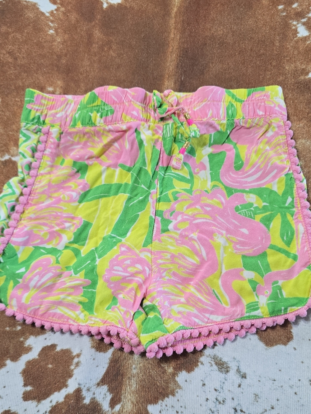 Lilly Pulitzer Pink & Green Flamingo Pom-Pom Shorts 2t
